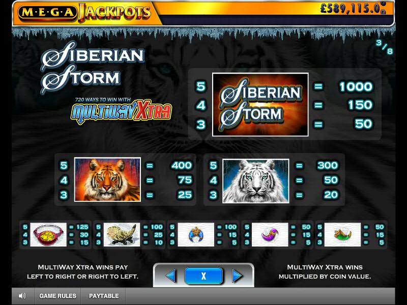 table des paiements du jeu de machine à sous siberian storm